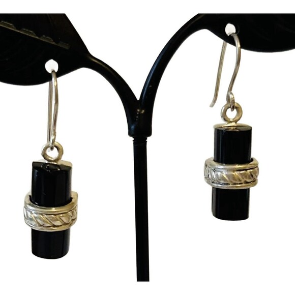 Beautiful Modernist Sterling Silver Dangle Earring With Black Onyx - Picture 1 of 3
